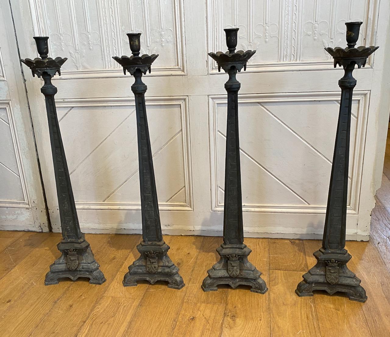 Set of Four Large Spelter Candlesticks